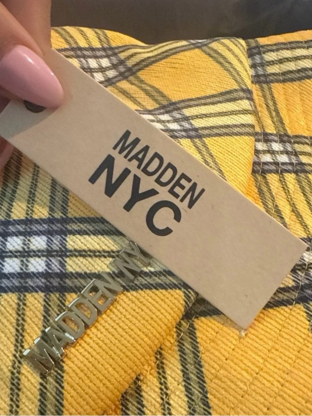 Steve Madden Yellow Plaid Bucket Hat with Gold Logo